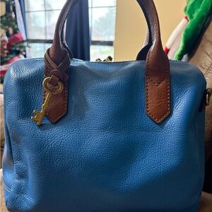 Blue Leather Handbag with Brown Accents